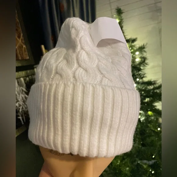 Coach White Knit Beanie with Gold Logo - Picture 7 of 16